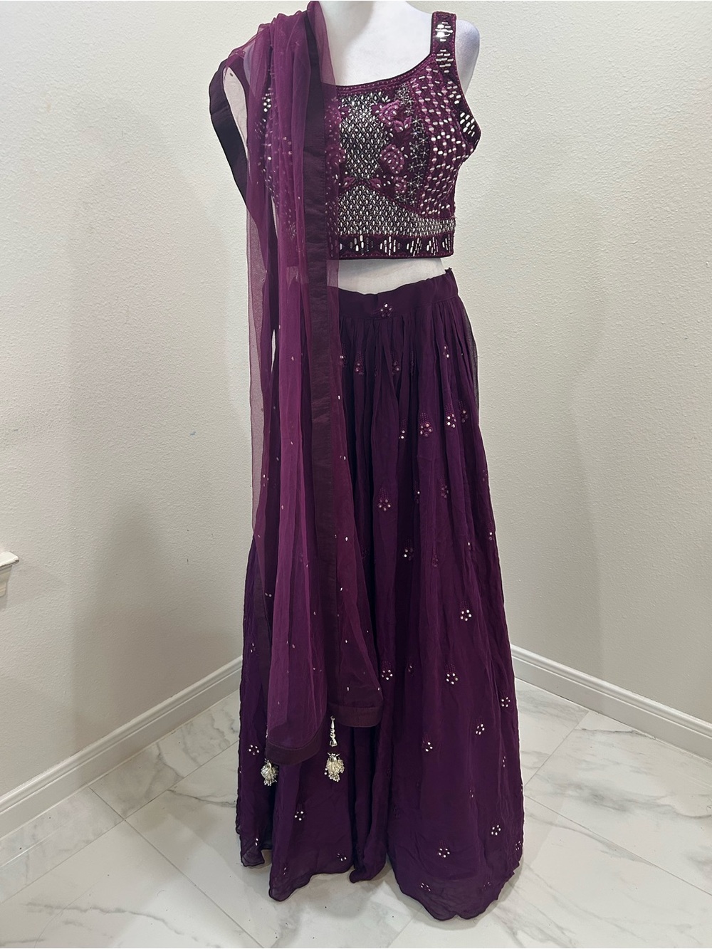 Roop Sari Palace 3 Piece Dupatta Lehenga Women's Plum Embellished Skirt Set, 38